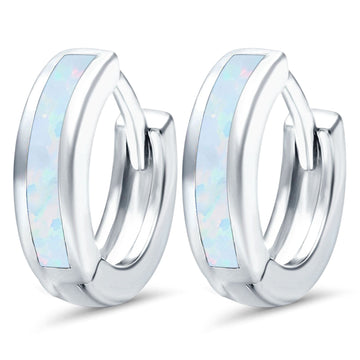 Hoop Huggie Earrings Lab Created White Opal 925 Sterling Silver (12mm)